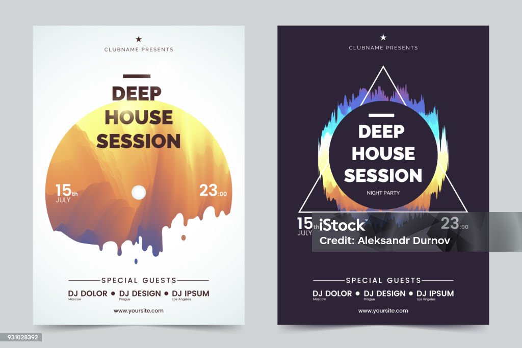 Deep house party a4 invitation concept. Night club party modern flyers. Black and white background with abstract geometric colorful shapes. Concept of the music poster. Vector eps 10. Poster stock vector