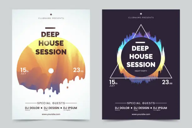 Vector illustration of Deep house party a4 invitation concept. Night club party modern flyers. Black and white background with abstract geometric colorful shapes. Concept of the music poster. Vector eps 10.