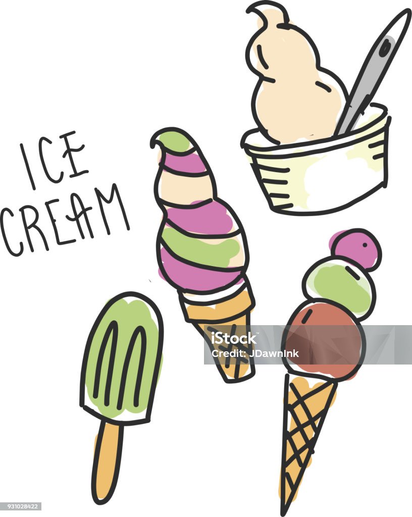 Hand drawn set of ice cream, sundae and popsicle dessert Hand drawn set of ice cream, sundae and popsicle dessert with handwritten text. Drawing - Art Product stock vector