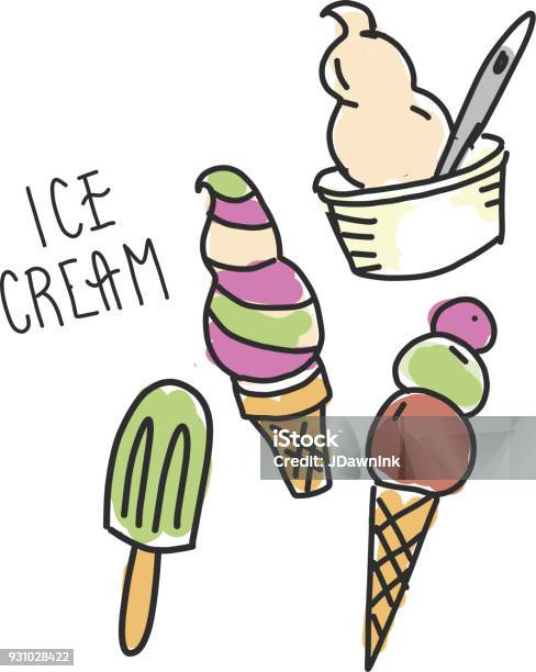 Hand Drawn Set Of Ice Cream Sundae And Popsicle Dessert Stock Illustration - Download Image Now