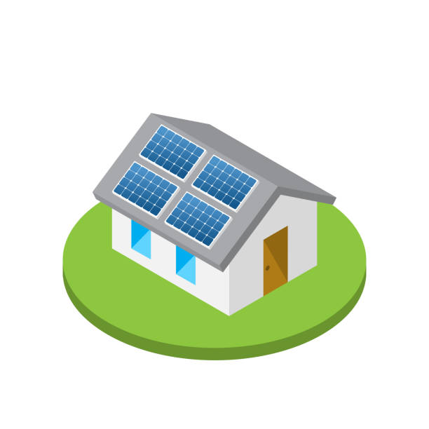 illustrazioni stock, clip art, cartoni animati e icone di tendenza di semplice casa isometrica con pannelli solari sul tetto - house residential structure cable sun
