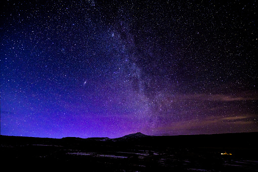 Astrophotography Mountain Landscape with Milky Way Galaxy and Stars - Scenic mountain views of night sky of the Flat Tops Wilderness area, Colorado USA.