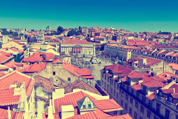 aerial view of  lisbon old city, portugal - lisbon square landscape imagens e fotografias de stock