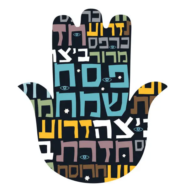 Vector illustration of Hamsa -Jewish Passover, Hebrew words. Symbol of Passover, Seder Pesah