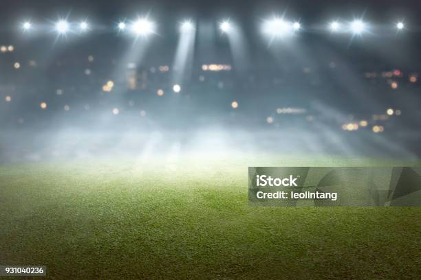 Soccer Field With Blur Spotlight Stock Photo - Download Image Now - Soccer, Stadium, Backgrounds