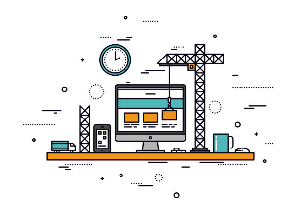 Website construction line style illustration Thin line flat design of website under construction, web page building process, site form layout and menu buttons interface develop. Modern vector illustration concept, isolated on white background. industry illustrations stock illustrations