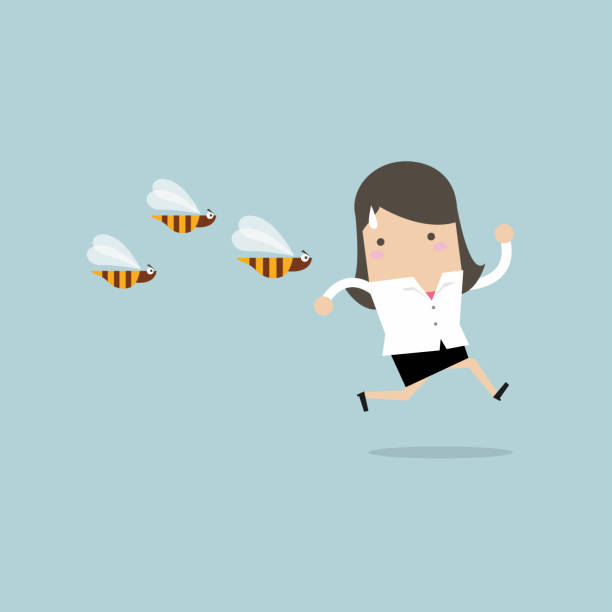 Businesswoman running away from dangerous insects. Businesswoman running away from dangerous insects. vector hornet swarm stock illustrations