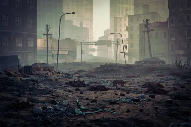 Post apocalypse destroyed city street.