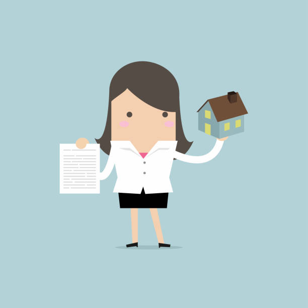 Businesswoman real estate agent holding house and contract. Businesswoman real estate agent holding house and contract. vector funny contract stock illustrations
