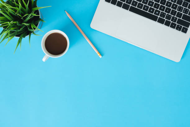 istock Office desk working space - Flat lay top view copy space of a working space with laptop, a coffee cup and little grass placing on blue pastel background. Pastel blue color background space concept. 931053136