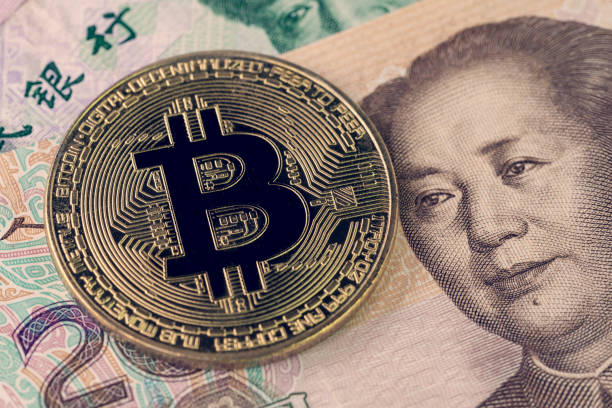 Bitcoin crypto currency banned in China concept, closed up shot stock photo