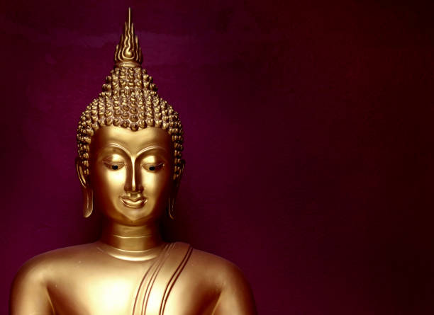 Gold Bhuddha Statue Close Up Smile Face On Vintage Dark Red Background Low  Key Style Stock Photo - Download Image Now - iStock