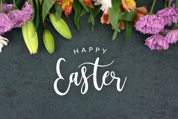 Happy Easter greeting over blackboard background with colorful flower blossom bouquet Spring season still life with Happy Easter greeting holiday script over dark blackboard background texture with beautiful colorful white, pink, orange, purple and green flower blossom bouquet on top, widescreen day lily photos stock pictures, royalty-free photos & images