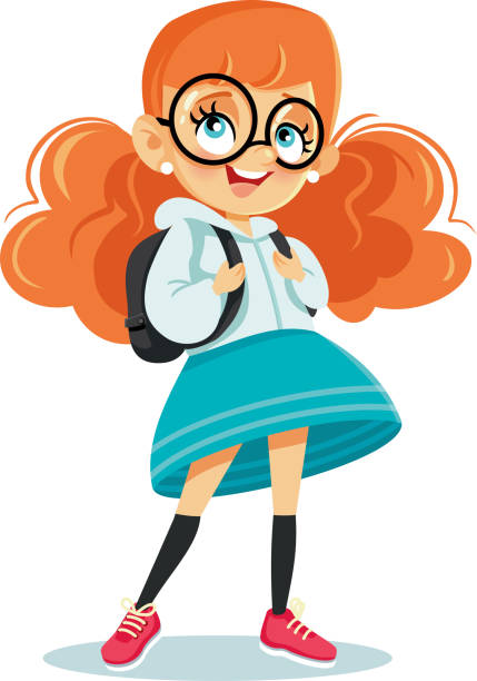 Cute School Girl with Backpack Vector Cartoon Funny adorable female student going to school illustration junior high age stock illustrations