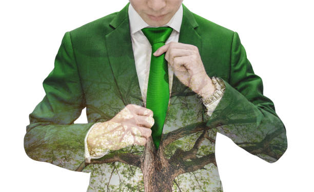 istock Double Exposure Businessman tying green necktie and big tree 931064812