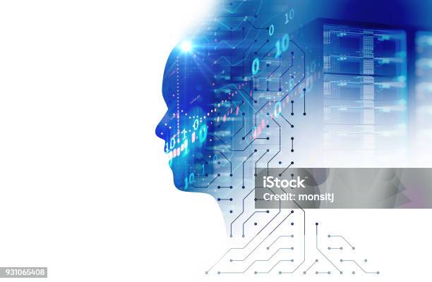 Silhouette Of Virtual Human On Circuit Pattern Technology 3d Illustration Stock Photo - Download Image Now