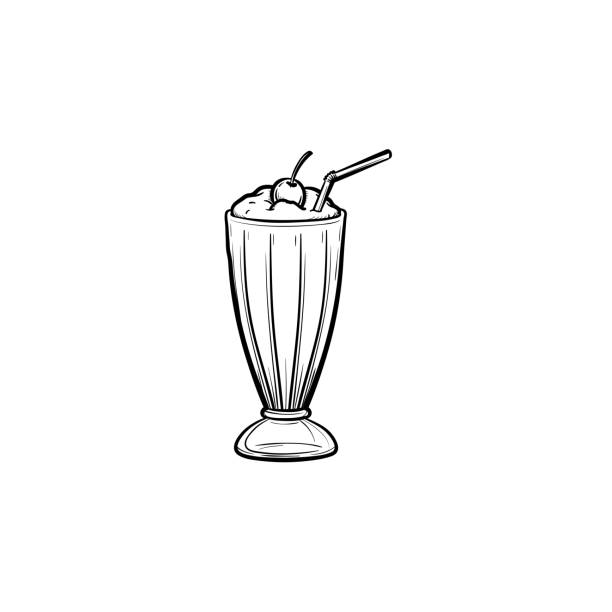 Milk cocktail in tall glass hand drawn sketch icon Milk cocktail with a maraschino cherry and straw in tall glass hand drawn outline doodle icon. Glass of milkshake with whipped cream vector sketch illustration for print, web, mobile and infographics. milkshake stock illustrations