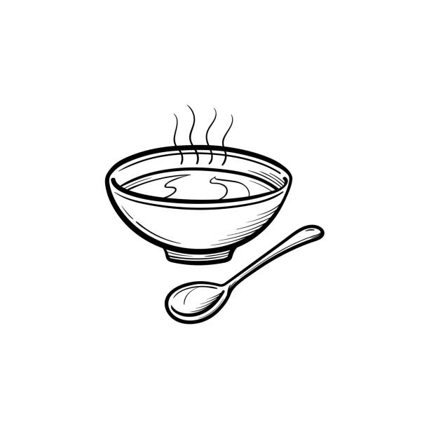 Bowl of soup with spoon hand drawn sketch icon Bowl of soup with spoon hand drawn outline doodle icon. Hot soup in bowl vector sketch illustration for print, web, mobile and infographics isolated on white background. bowl of soup stock illustrations