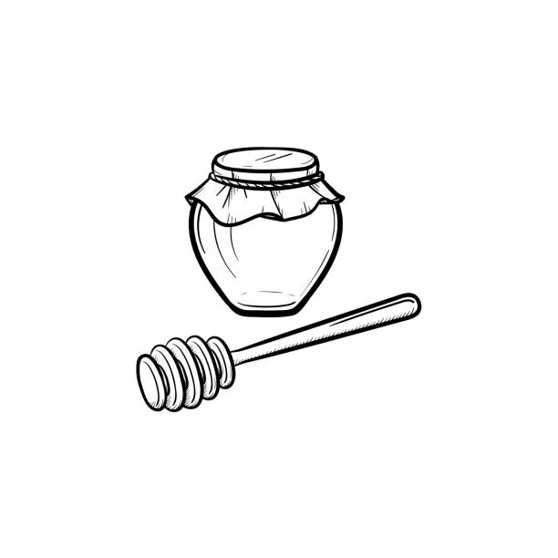 ilustrações, clipart, desenhos animados e ícones de querida em um pote e colher mão desenhada ícone de esboço - syrup jar sticky isolated objects