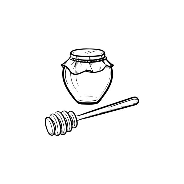мед в банке и ложке рисовать эскиз значок - syrup jar sticky isolated objects stock illustrations