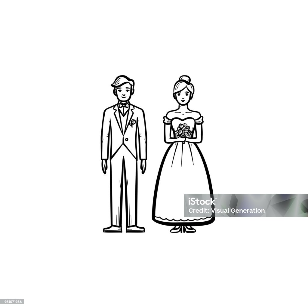 Bride and groom hand drawn sketch icon Bride and groom hand drawn outline doodle icon. Married couple vector sketch illustration for print, web, mobile and infographics isolated on white background. Adult stock vector