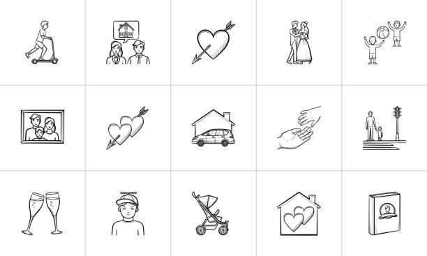 Wedding and family hand drawn sketch icon set Wedding and family hand drawn outline doodle icon set for print, web, mobile and infographics. Family vector sketch illustration set isolated on white background. doodle photos stock illustrations