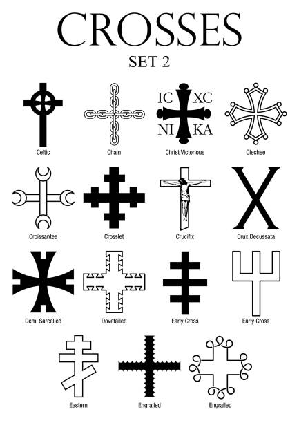 ilustraciones, imágenes clip art, dibujos animados e iconos de stock de juego de cruces con nombres sobre fondo blanco. tamaño a4 - celtic cross