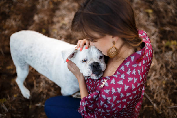 A woman playing with a dog in a park an autumn day.