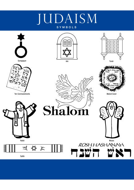 ilustraciones, imágenes clip art, dibujos animados e iconos de stock de conjunto de símbolos del judaísmo sobre fondo blanco con barras azules - torah ark