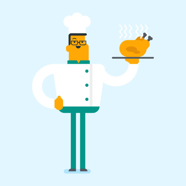 illustrazioni stock, clip art, cartoni animati e icone di tendenza di cuoco capo caucasico che tiene pollo arrosto - chicken strip