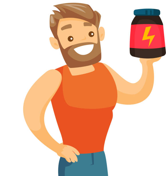 Young caucasian white man with protein jar Caucasian white sportsman holding a jar with protein. Young muscular bodybuilder with protein jar. Bodybuilding and sports nutrition concept. Vector cartoon illustration isolated on white background. protein powder bottle stock illustrations