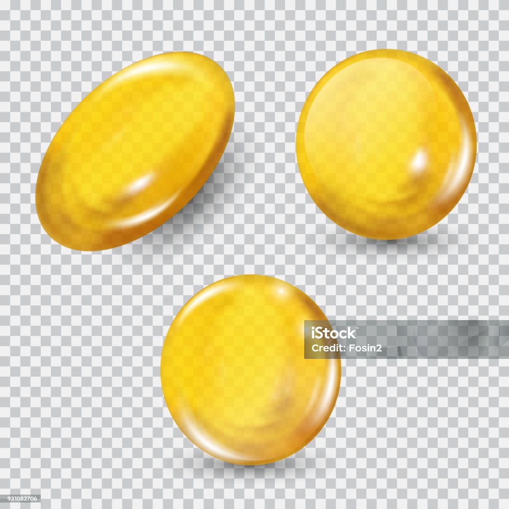 Gold glass ball set isolated on transparent background. Regenerate face cream and vitamin complex concept Gold glass ball set isolated on transparent background. Regenerate face cream and vitamin complex concept. Shining golden essence droplet of oil collagen essence. Vector illustration for your design. Capsule - Medicine stock vector