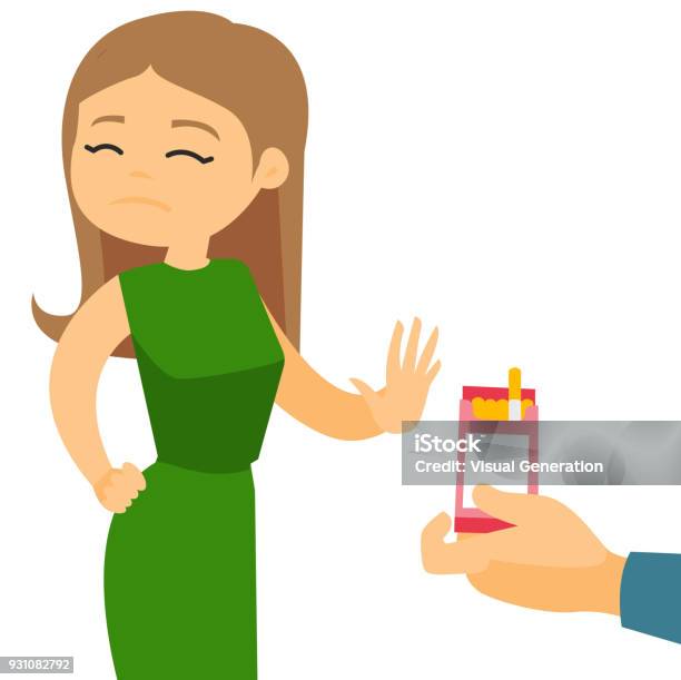 Young Caucasian Woman Refusing To Take A Cigarette Stock Illustration - Download Image Now - Clip Art, Quitting Smoking, Rejection