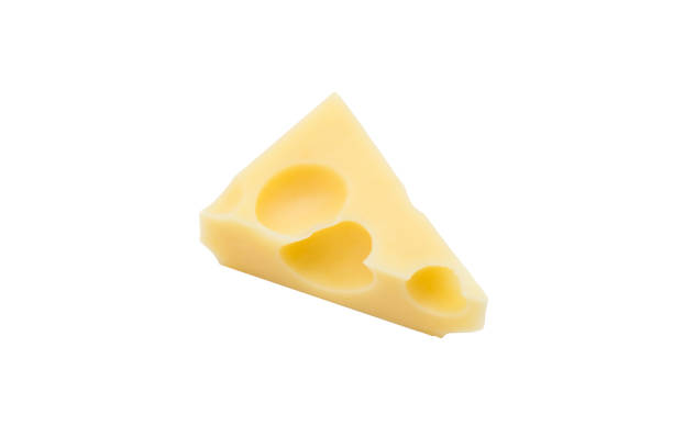 pezzo di formaggio giallo con fori, isolato su sfondo bianco - cheese isolated portion dutch culture foto e immagini stock