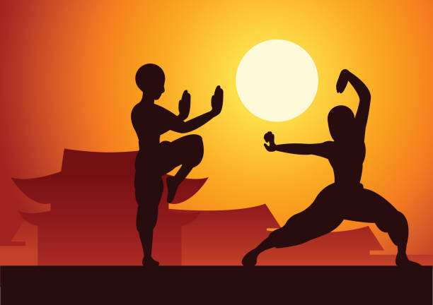 ilustrações de stock, clip art, desenhos animados e ícones de chinese boxing kung fu martial art famous sport,two boxer fight together around with chinese temple,sunset silhouette design - karate kickboxing martial arts silhouette