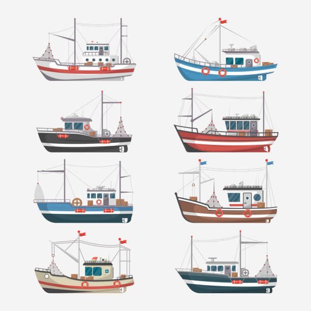 angeln boote seitenansicht auf weißem hintergrund - trawler stock-grafiken, -clipart, -cartoons und -symbole