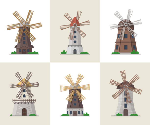 traditionelle alte windmühle gebäude set - altes backhaus dorf stock-grafiken, -clipart, -cartoons und -symbole