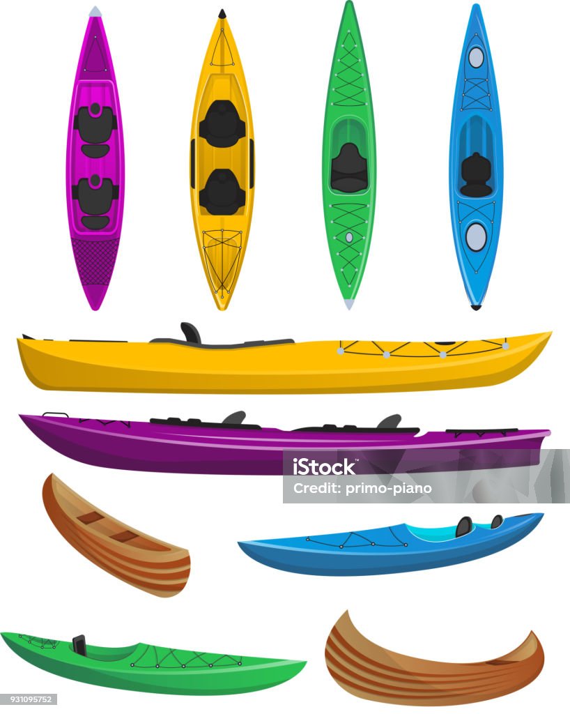 Plastic colorful kayaks isolated set Plastic colorful kayaks with isolated set. Rafting, kayaking, paddling and canoeing outdoor activity. Extreme water sport, relaxation on river or lake, adventure by boat vector illustration. Canoe stock vector