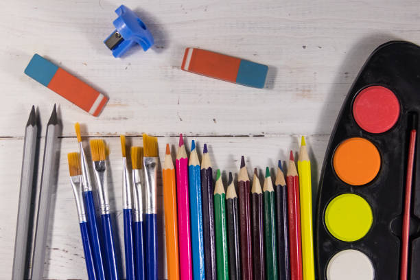 istock Set of drawing tools on white wooden background 931095832
