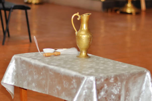 Golden religious utensils. Details in the Orthodox Christian Church. Russia.
