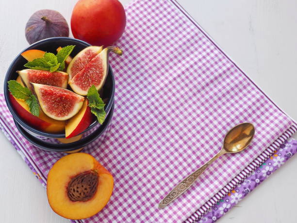 Food background. Summer breakfast. Fruit salad. Assorted summer fruits. stock photo