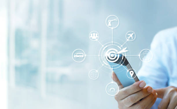 istock Industry 4.0 concept, Businessman using smartphone with icon target and data networking exchange in manufacturing technologies on virtual modern interface. 931102834
