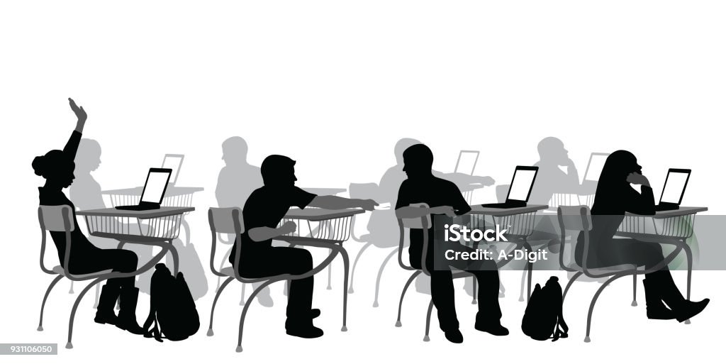 Highschool Laptops Highschool classroom with student at their desk with open laptop computer Classroom stock vector