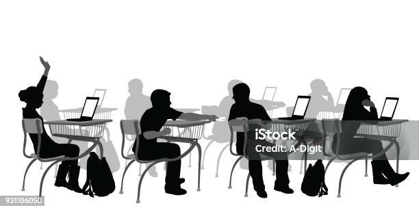 Highschool Laptops Stock Illustration - Download Image Now - Classroom, In Silhouette, Desk