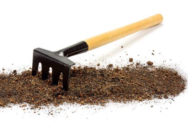 istock Pile of soil with small garden rake tools 931110032