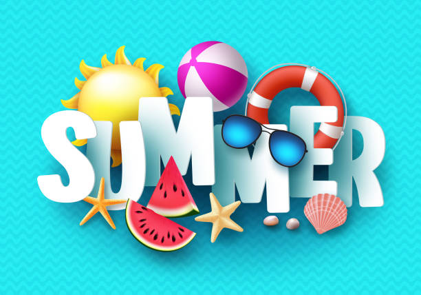 ilustraciones, imágenes clip art, dibujos animados e iconos de stock de diseño de banner de vector de texto 3d con título de la blanca y elementos de playa tropical colorido de verano - warm welcome