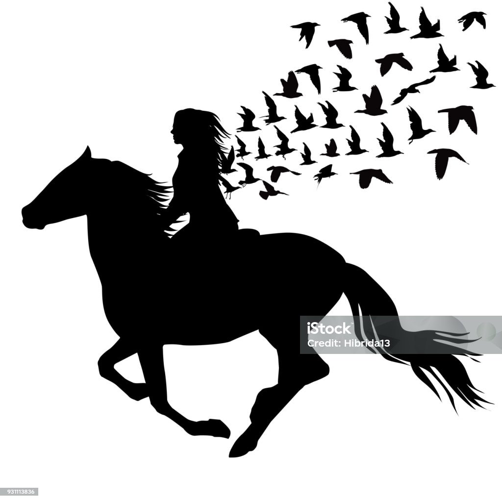 Abstract illustration of woman riding a horse and birds silhouettes Abstract illustration of woman riding a horse and birds silhouettes flying Horse stock vector