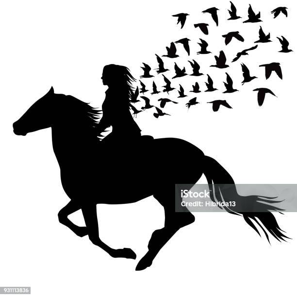 Abstract Illustration Of Woman Riding A Horse And Birds Silhouettes Stock Illustration - Download Image Now