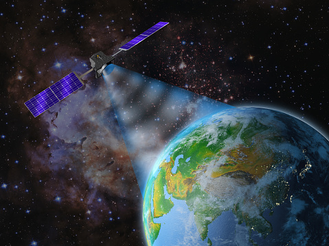Satellite transmits a signal to the earth. 3d rendering. Elements of this image are furnished by NASA. https://visibleearth.nasa.gov/view.php?id=57752
