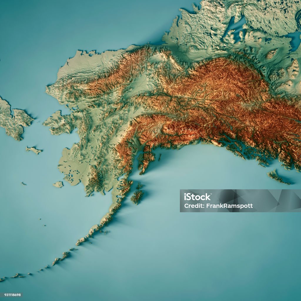 Alaska State 3D Render Topographic Map 3D Render of a Topographic Map of the US state of Alaska.
All source data is in the public domain.
Color texture: Made with Natural Earth. 
http://www.naturalearthdata.com/downloads/10m-raster-data/10m-cross-blend-hypso/
Boundaries Level 0: Humanitarian Information Unit HIU, U.S. Department of State (database: LSIB)
http://geonode.state.gov/layers/geonode%3ALSIB7a_Gen
Relief texture and Rivers: SRTM data courtesy of USGS. URL of source image: 
https://e4ftl01.cr.usgs.gov//MODV6_Dal_D/SRTM/SRTMGL1.003/2000.02.11/
Water texture: SRTM Water Body SWDB:
https://dds.cr.usgs.gov/srtm/version2_1/SWBD/ Alaska - US State Stock Photo